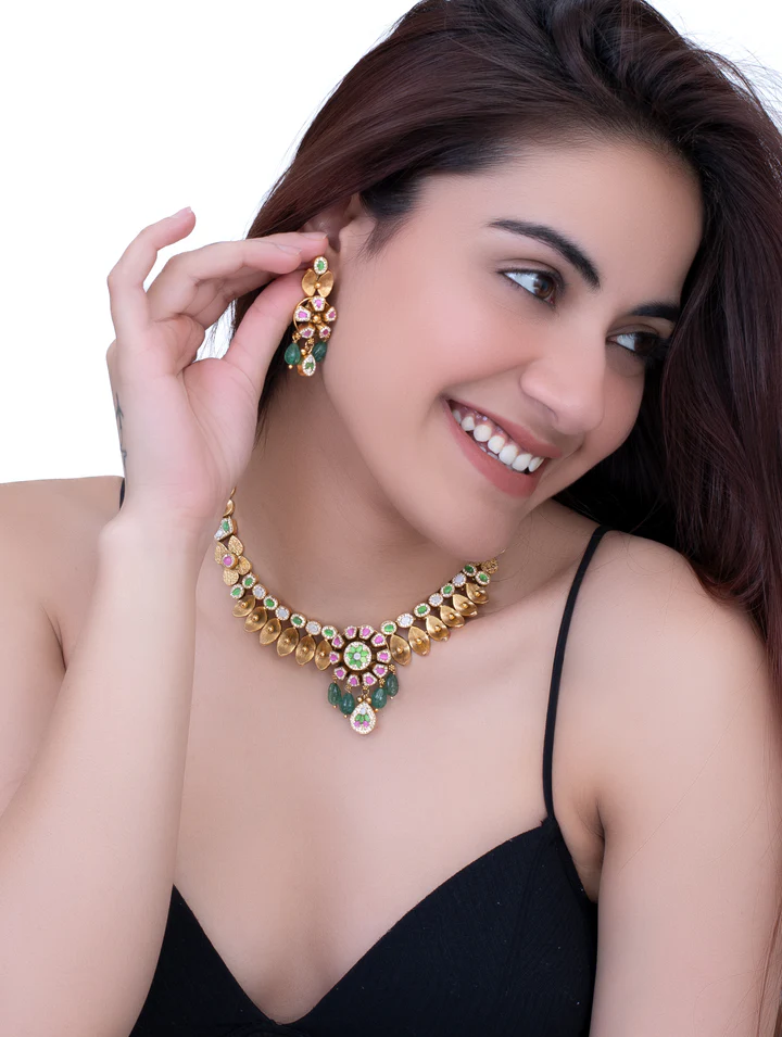 Gold Polish Multi-Color Floral Stone Jewellery Set